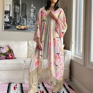 Floral watercolour print bohemian kimono lace inserts and hem fringe
